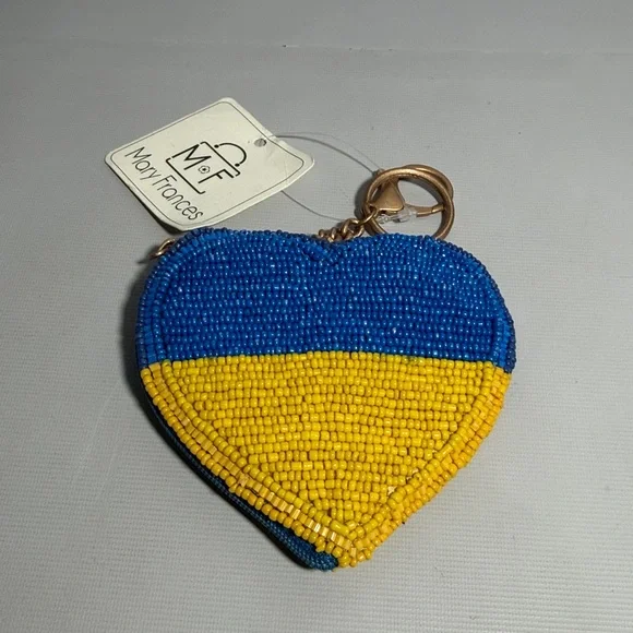 Mary Frances Blue and Yellow Beaded Heart Coin Pouch - Picture 2 of 7